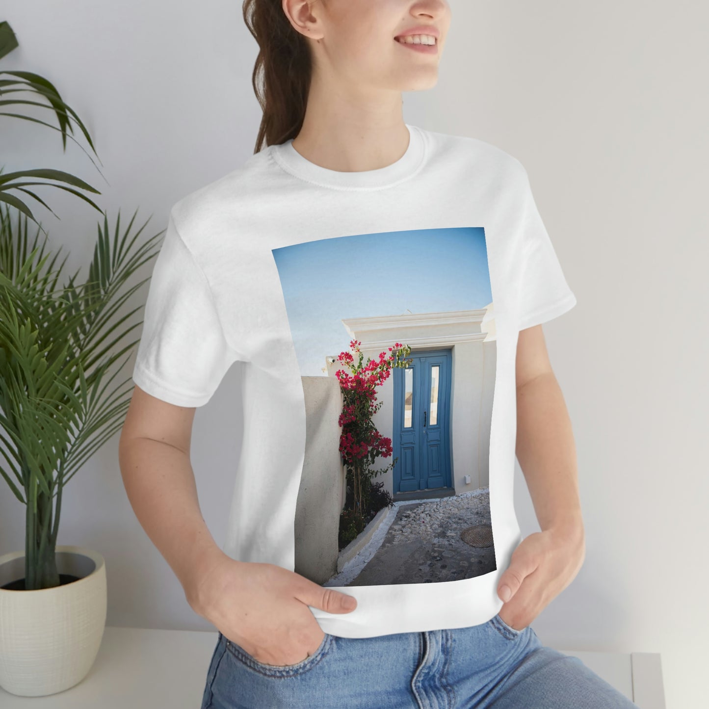 Greece Blue Door, Zara Neifield Photography - Unisex Jersey Short Sleeve Tee