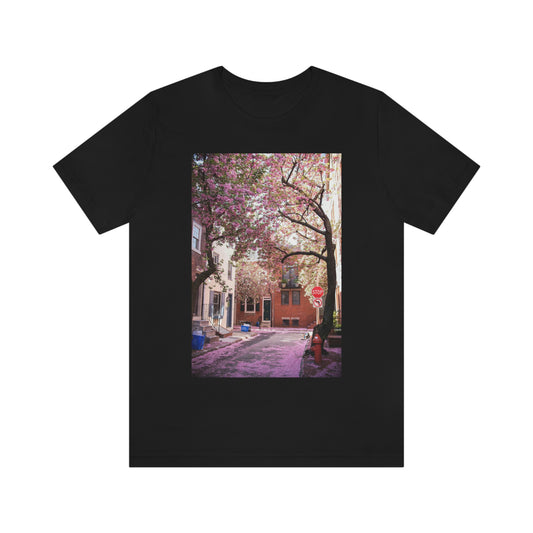 Cherry Blossom Street Scene - Zara Neifield Photography - Unisex Jersey Short Sleeve Tee