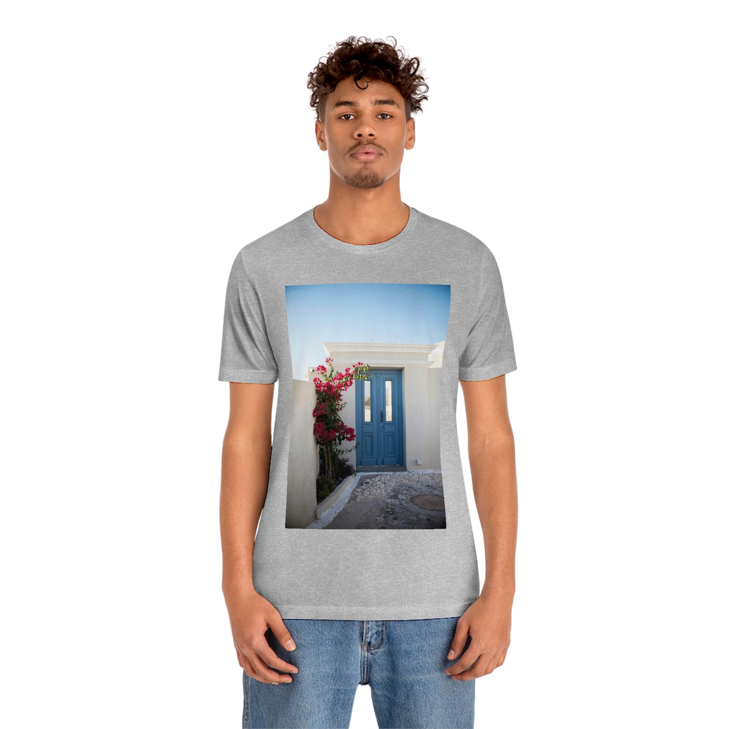 Greece Blue Door, Zara Neifield Photography - Unisex Jersey Short Sleeve Tee